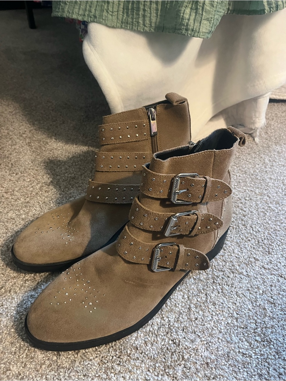 Pull&Bear Tan Suede Ankle Boots with Triple Buckles